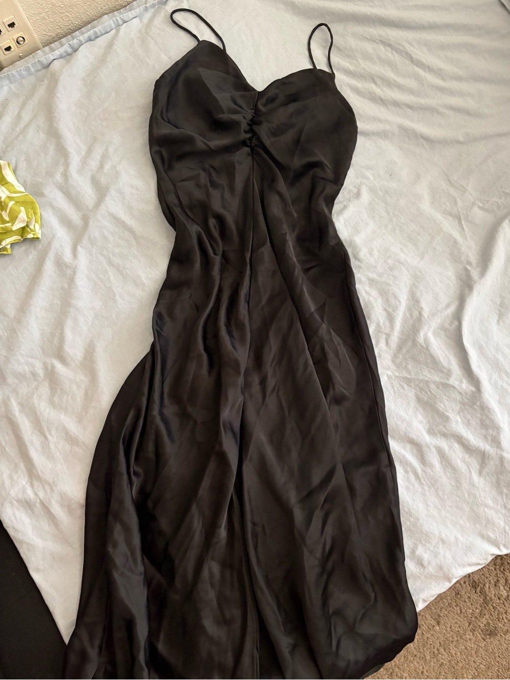 Zara Black Satin Maxi Slip Dress with Spaghetti Straps
